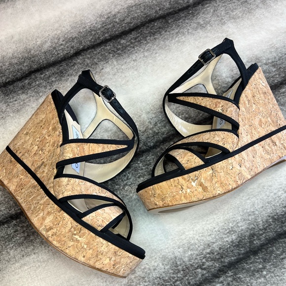 Jimmy Choo Alissa 120 Natural Black Cork Grossgrain Wedges - Picture 2 of 10